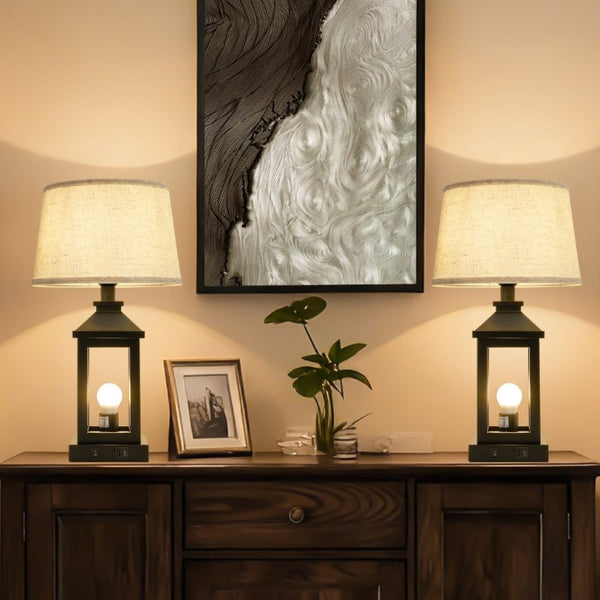 English Elm 20.5In Matte Black Alloy Farmhouse Lamp with Linen Shade Touch Dimmer and USB Charging W1340P379390