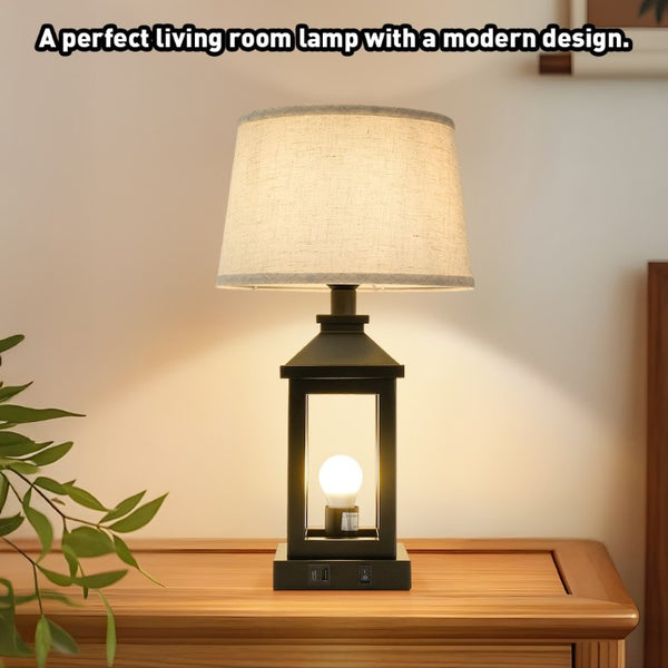 English Elm 20.5In Matte Black Alloy Farmhouse Lamp with Linen Shade Touch Dimmer and USB Charging W1340P379390