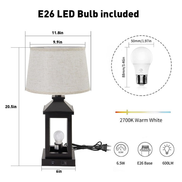 English Elm 20.5In Matte Black Alloy Farmhouse Lamp with Linen Shade Touch Dimmer and USB Charging W1340P379390