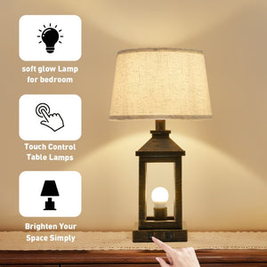 English Elm 20.5In Matte Black Gold Alloy Table Lamp Set Two Dimmable Touch Linen Shade Farmhouse W1340P379391