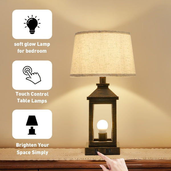 English Elm 20.5In Matte Black Gold Alloy Table Lamp Set Two Dimmable Touch Linen Shade Farmhouse W1340P379391