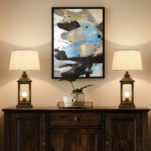 English Elm 20.5In Matte Black Gold Alloy Table Lamp Set Two Dimmable Touch Linen Shade Farmhouse W1340P379391