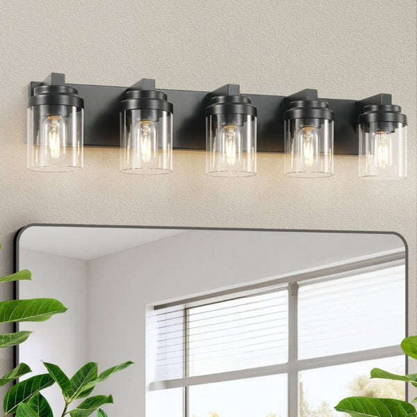 English Elm 5-Light Matte Black Vanity Bar Fixture Clear Glass Globes Modern Farmhouse Wall Sconce W1340P380160