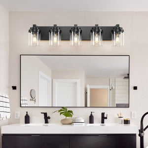 English Elm 5-Light Matte Black Vanity Bar Fixture Clear Glass Globes Modern Farmhouse Wall Sconce W1340P380160