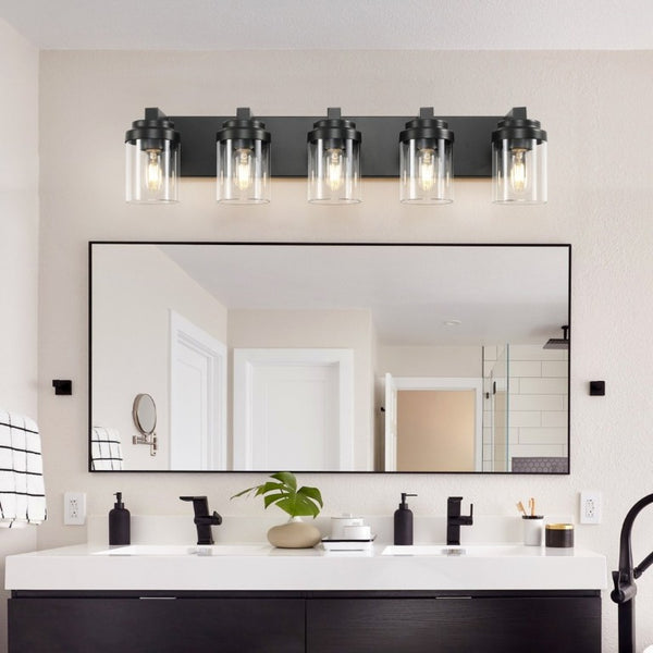 English Elm 5-Light Matte Black Vanity Bar Fixture Clear Glass Globes Modern Farmhouse Wall Sconce W1340P380160
