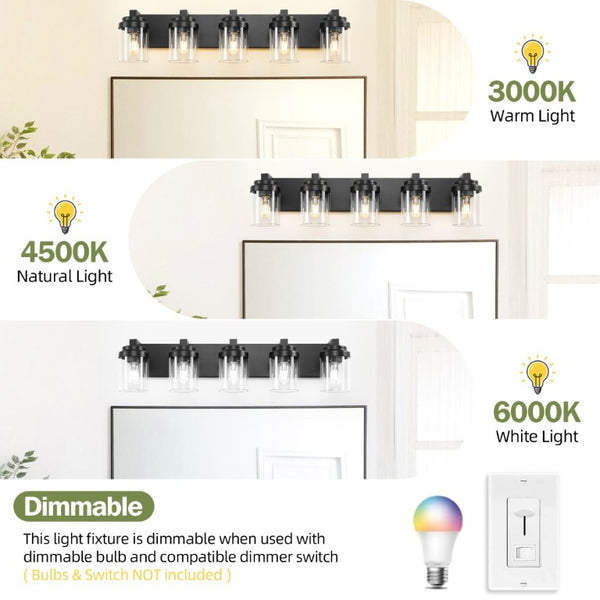 English Elm 5-Light Matte Black Vanity Bar Fixture Clear Glass Globes Modern Farmhouse Wall Sconce W1340P380160