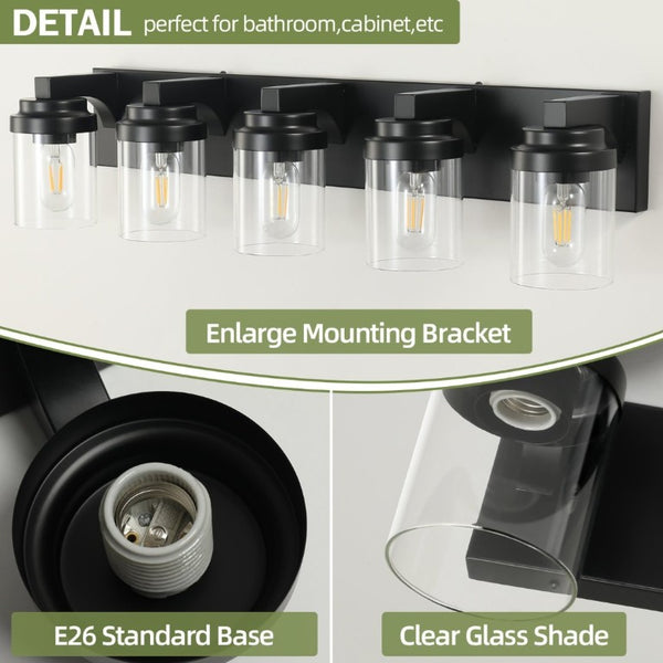 English Elm 5-Light Matte Black Vanity Bar Fixture Clear Glass Globes Modern Farmhouse Wall Sconce W1340P380160