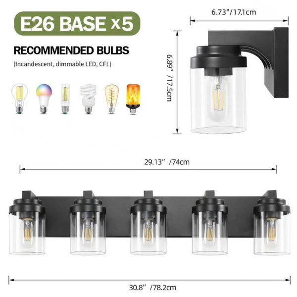 English Elm 5-Light Matte Black Vanity Bar Fixture Clear Glass Globes Modern Farmhouse Wall Sconce W1340P380160