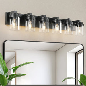 English Elm 6 Light Matte Black Vanity Bar Fixture with Clear Glass Shades for Modern Bathrooms W1340P380161