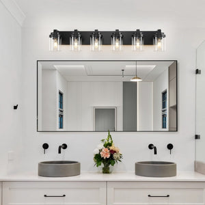 English Elm 6 Light Matte Black Vanity Bar Fixture with Clear Glass Shades for Modern Bathrooms W1340P380161