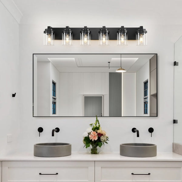 English Elm 6 Light Matte Black Vanity Bar Fixture with Clear Glass Shades for Modern Bathrooms W1340P380161