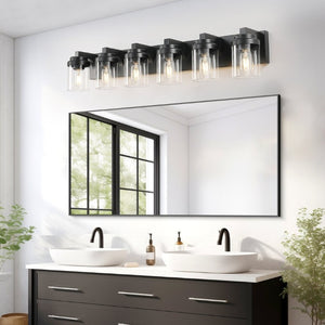 English Elm 6 Light Matte Black Vanity Bar Fixture with Clear Glass Shades for Modern Bathrooms W1340P380161
