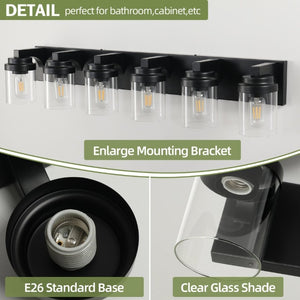 English Elm 6 Light Matte Black Vanity Bar Fixture with Clear Glass Shades for Modern Bathrooms W1340P380161