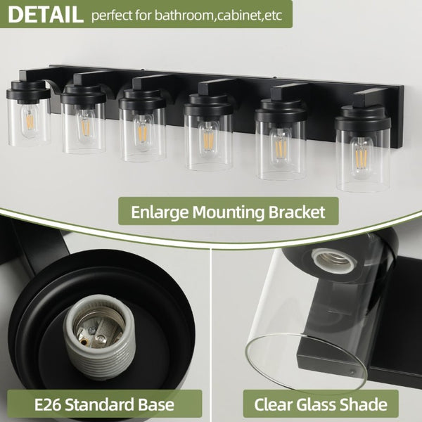 English Elm 6 Light Matte Black Vanity Bar Fixture with Clear Glass Shades for Modern Bathrooms W1340P380161