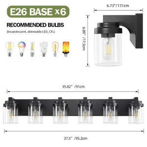English Elm 6 Light Matte Black Vanity Bar Fixture with Clear Glass Shades for Modern Bathrooms W1340P380161