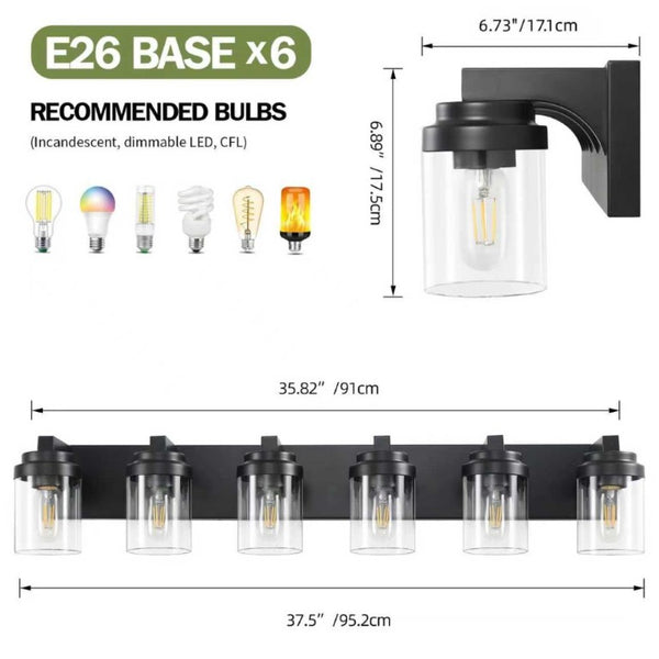 English Elm 6 Light Matte Black Vanity Bar Fixture with Clear Glass Shades for Modern Bathrooms W1340P380161