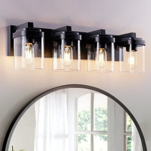 English Elm 4 Light Matte Black Vanity Fixture Globe Clear Glass Shades Industrial Bathroom Wall W1340P425349