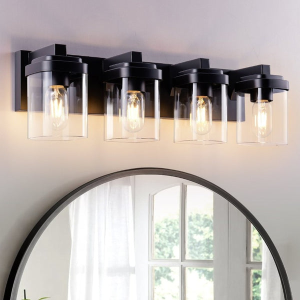 English Elm 4 Light Matte Black Vanity Fixture Globe Clear Glass Shades Industrial Bathroom Wall W1340P425349