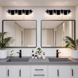 English Elm 4 Light Matte Black Vanity Fixture Globe Clear Glass Shades Industrial Bathroom Wall W1340P425349