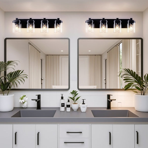 English Elm 4 Light Matte Black Vanity Fixture Globe Clear Glass Shades Industrial Bathroom Wall W1340P425349