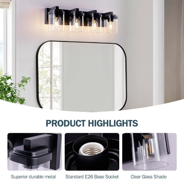 English Elm 4 Light Matte Black Vanity Fixture Globe Clear Glass Shades Industrial Bathroom Wall W1340P425349