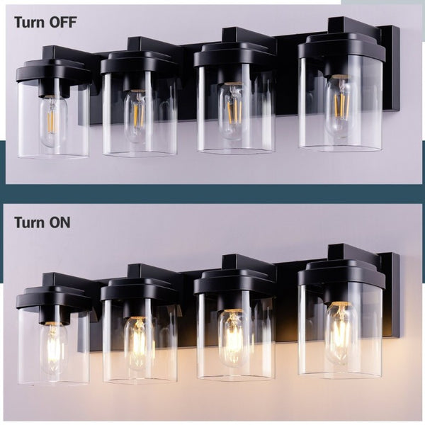 English Elm 4 Light Matte Black Vanity Fixture Globe Clear Glass Shades Industrial Bathroom Wall W1340P425349