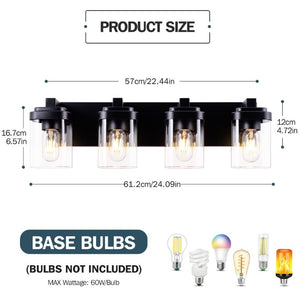 English Elm 4 Light Matte Black Vanity Fixture Globe Clear Glass Shades Industrial Bathroom Wall W1340P425349