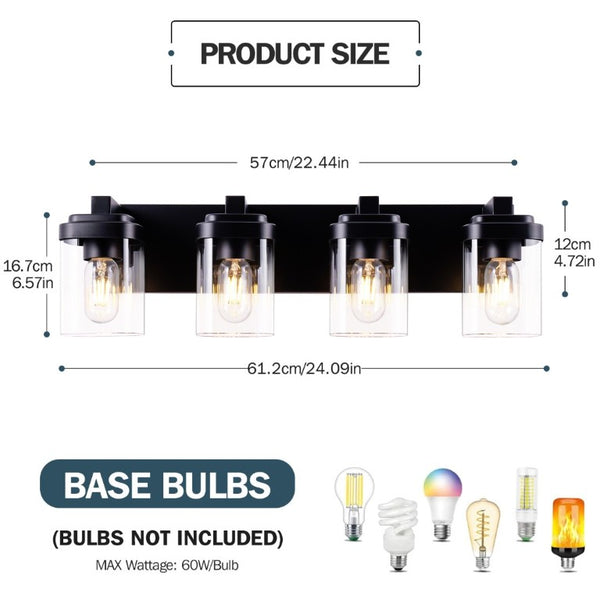 English Elm 4 Light Matte Black Vanity Fixture Globe Clear Glass Shades Industrial Bathroom Wall W1340P425349