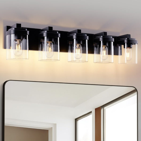 English Elm 5 Light Matte Black Vanity Bar Fixture with Clear Glass Shades for Bath or Hallway W1340P425350