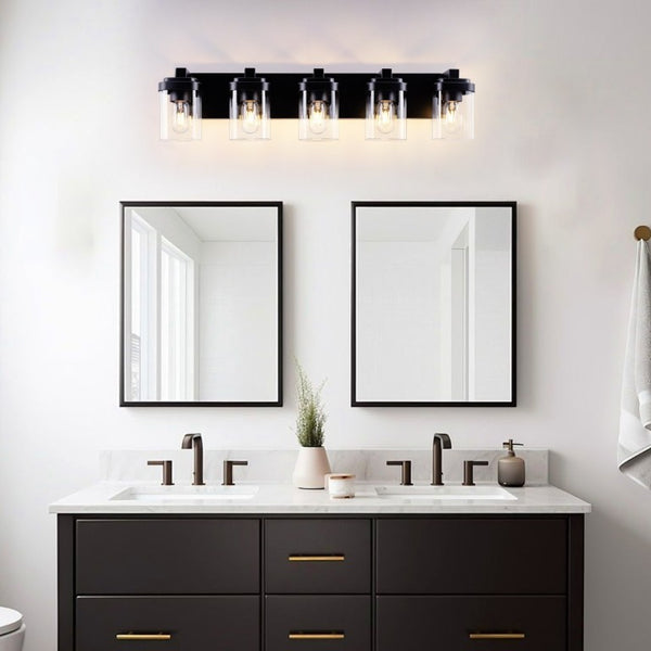 English Elm 5 Light Matte Black Vanity Bar Fixture with Clear Glass Shades for Bath or Hallway W1340P425350
