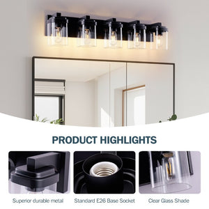 English Elm 5 Light Matte Black Vanity Bar Fixture with Clear Glass Shades for Bath or Hallway W1340P425350