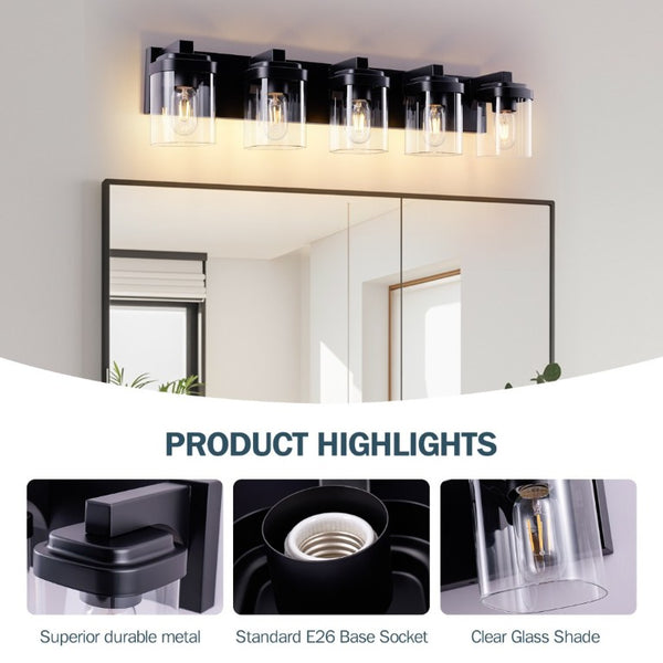 English Elm 5 Light Matte Black Vanity Bar Fixture with Clear Glass Shades for Bath or Hallway W1340P425350