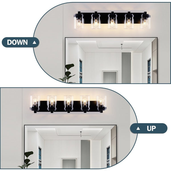 English Elm 5 Light Matte Black Vanity Bar Fixture with Clear Glass Shades for Bath or Hallway W1340P425350