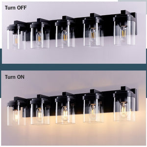 English Elm 5 Light Matte Black Vanity Bar Fixture with Clear Glass Shades for Bath or Hallway W1340P425350