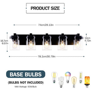 English Elm 5 Light Matte Black Vanity Bar Fixture with Clear Glass Shades for Bath or Hallway W1340P425350