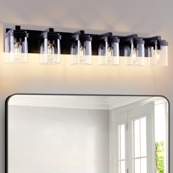English Elm 6 Globe Vanity Light Matte Black Metal Bar with Clear Glass Shades for Bathroom Mirror W1340P425351