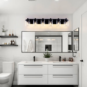 English Elm 6 Globe Vanity Light Matte Black Metal Bar with Clear Glass Shades for Bathroom Mirror W1340P425351