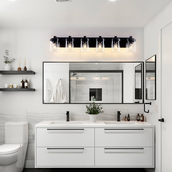 English Elm 6 Globe Vanity Light Matte Black Metal Bar with Clear Glass Shades for Bathroom Mirror W1340P425351