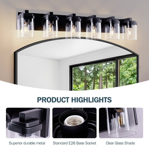English Elm 6 Globe Vanity Light Matte Black Metal Bar with Clear Glass Shades for Bathroom Mirror W1340P425351