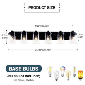 English Elm 6 Globe Vanity Light Matte Black Metal Bar with Clear Glass Shades for Bathroom Mirror W1340P425351
