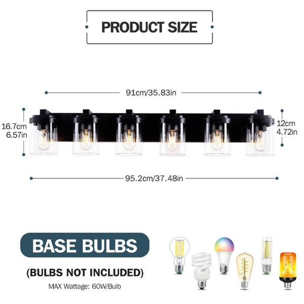 English Elm 6 Globe Vanity Light Matte Black Metal Bar with Clear Glass Shades for Bathroom Mirror W1340P425351