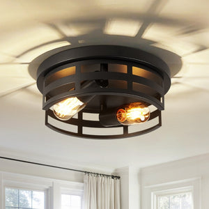 English Elm 2-Light Matte Black Cage Flush Mount Fixture Industrial Farmhouse Ceiling Light 2 Pack W1340P425352