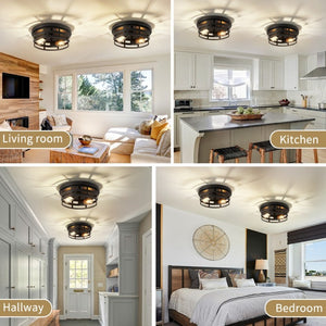 English Elm 2-Light Matte Black Cage Flush Mount Fixture Industrial Farmhouse Ceiling Light 2 Pack W1340P425352