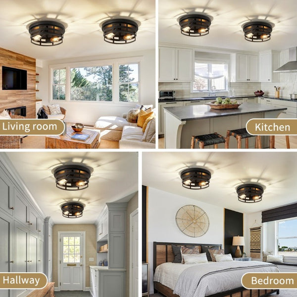 English Elm 2-Light Matte Black Cage Flush Mount Fixture Industrial Farmhouse Ceiling Light 2 Pack W1340P425352