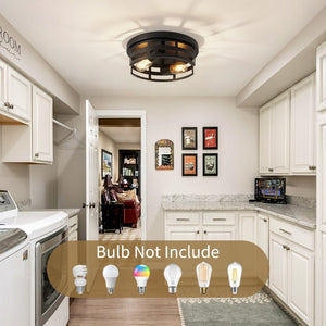English Elm 2-Light Matte Black Cage Flush Mount Fixture Industrial Farmhouse Ceiling Light 2 Pack W1340P425352