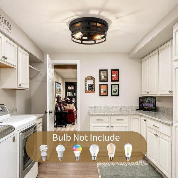 English Elm 2-Light Matte Black Cage Flush Mount Fixture Industrial Farmhouse Ceiling Light 2 Pack W1340P425352