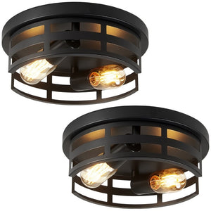 English Elm 2-Light Matte Black Cage Flush Mount Fixture Industrial Farmhouse Ceiling Light 2 Pack W1340P425352