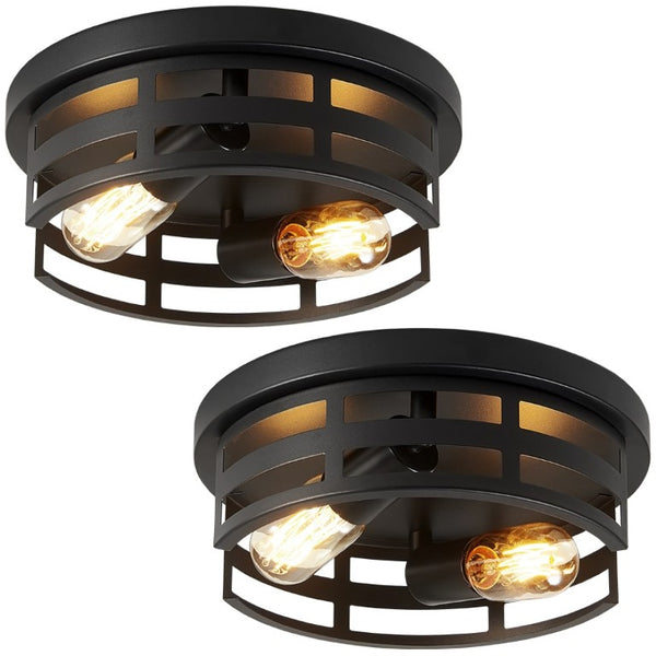 English Elm 2-Light Matte Black Cage Flush Mount Fixture Industrial Farmhouse Ceiling Light 2 Pack W1340P425352