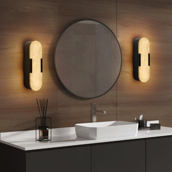 English Elm 13.8 Inch Marble Wall Sconces Set Matte Black Iron LED Vanity Lighting for Modern Interiors W1340P430905
