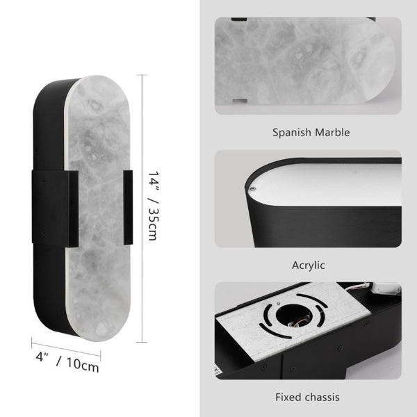 English Elm 13.8 Inch Marble Wall Sconces Set Matte Black Iron LED Vanity Lighting for Modern Interiors W1340P430905
